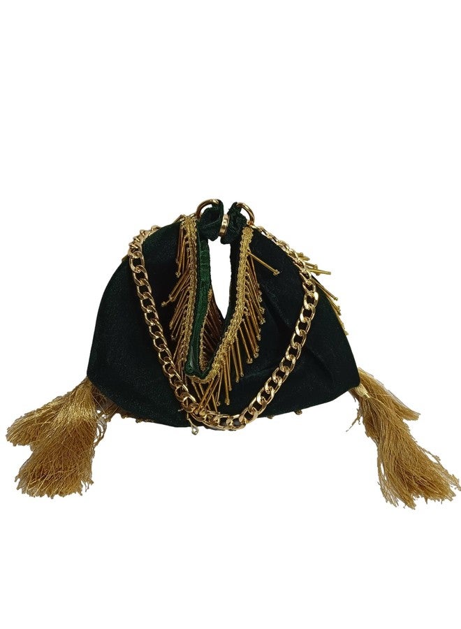 ATHZ Dark Green Velvet dual use potli pyramid/samosa shaped Potli which opens into small evening shoulder bag for ladies with Golden chain tassel embellishment - Image 1
